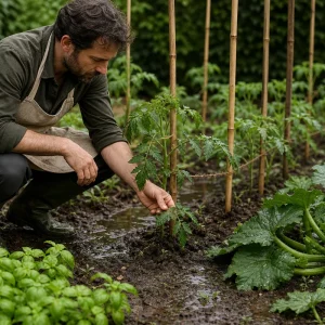 Jardinier inspectant des plants de tomates et courgettes au potager après de fortes pluies de juin