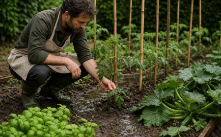 Jardinier inspectant des plants de tomates et courgettes au potager après de fortes pluies de juin