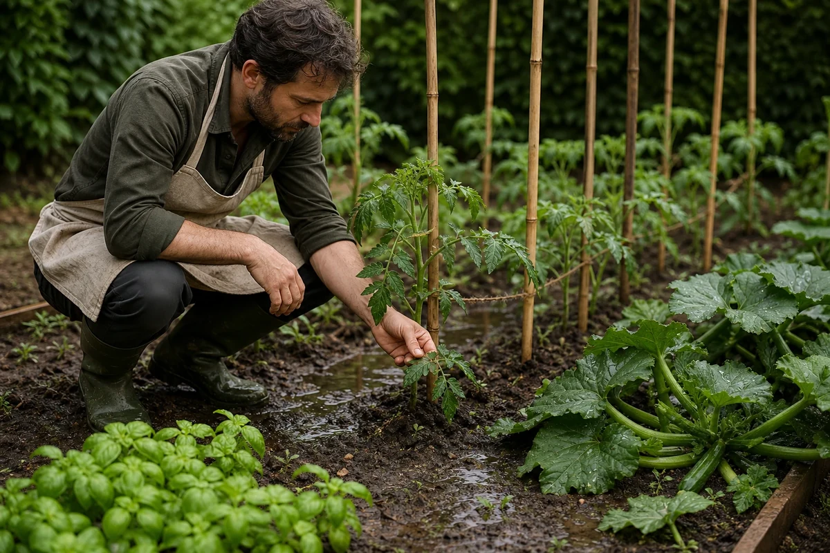 Jardinier inspectant des plants de tomates et courgettes au potager après de fortes pluies de juin