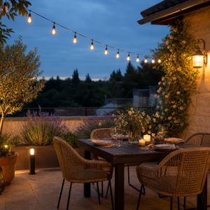 Terrasse éclairée par guirlande solaire chaude, lanternes et bornes basses au crépuscule