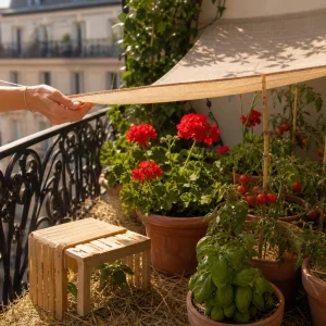 Voile d'ombrage clair installé au-dessus de pots de tomates, géraniums et basilic sur un balcon parisien en été