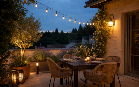 Terrasse éclairée par guirlande solaire chaude, lanternes et bornes basses au crépuscule