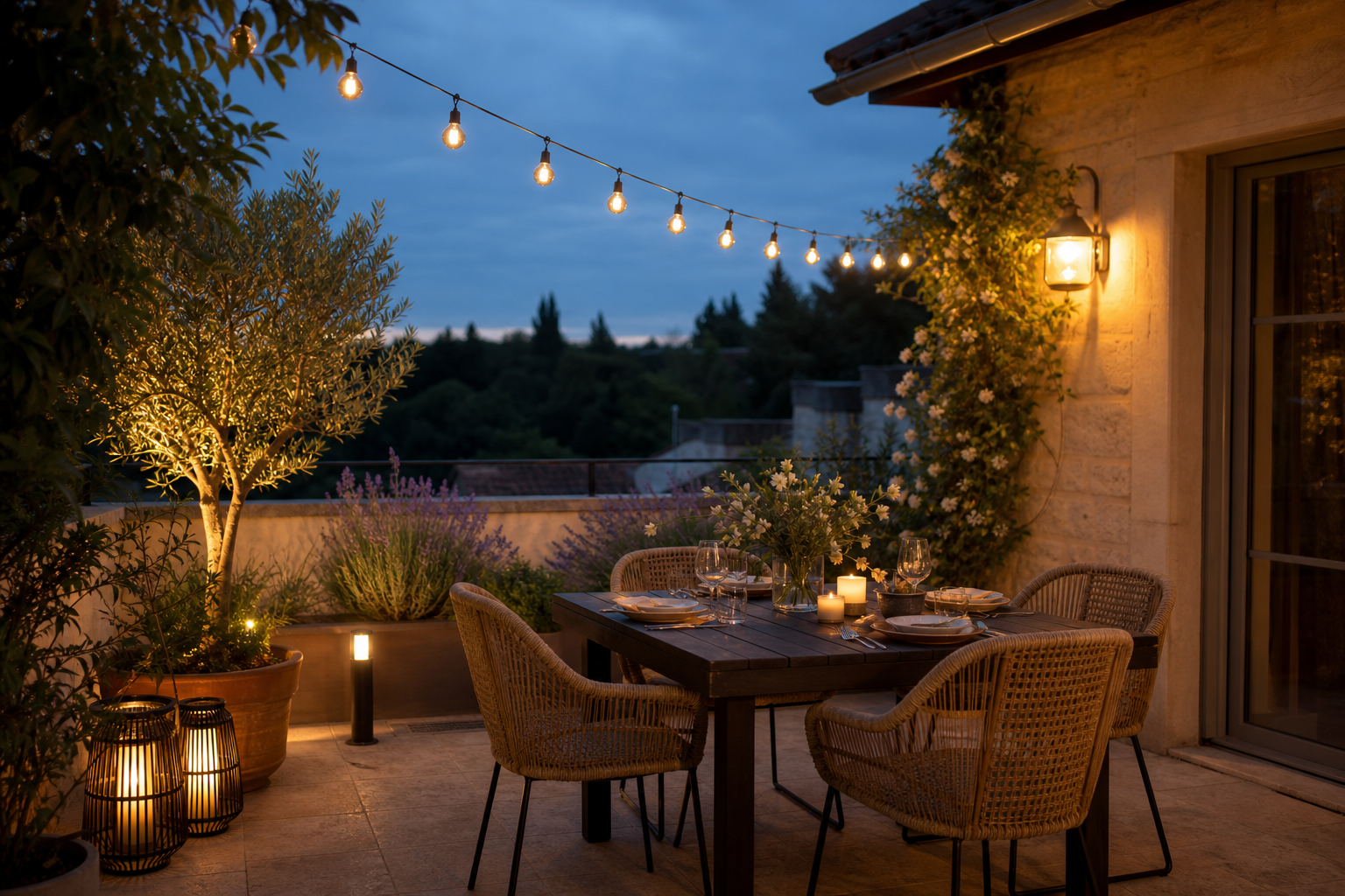 Terrasse éclairée par guirlande solaire chaude, lanternes et bornes basses au crépuscule
