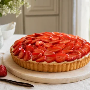 Tarte aux fraises Gariguette sur crème pâtissière vanille avec pâte sablée dorée