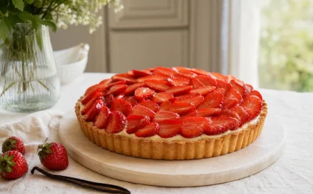 Tarte aux fraises Gariguette sur crème pâtissière vanille avec pâte sablée dorée