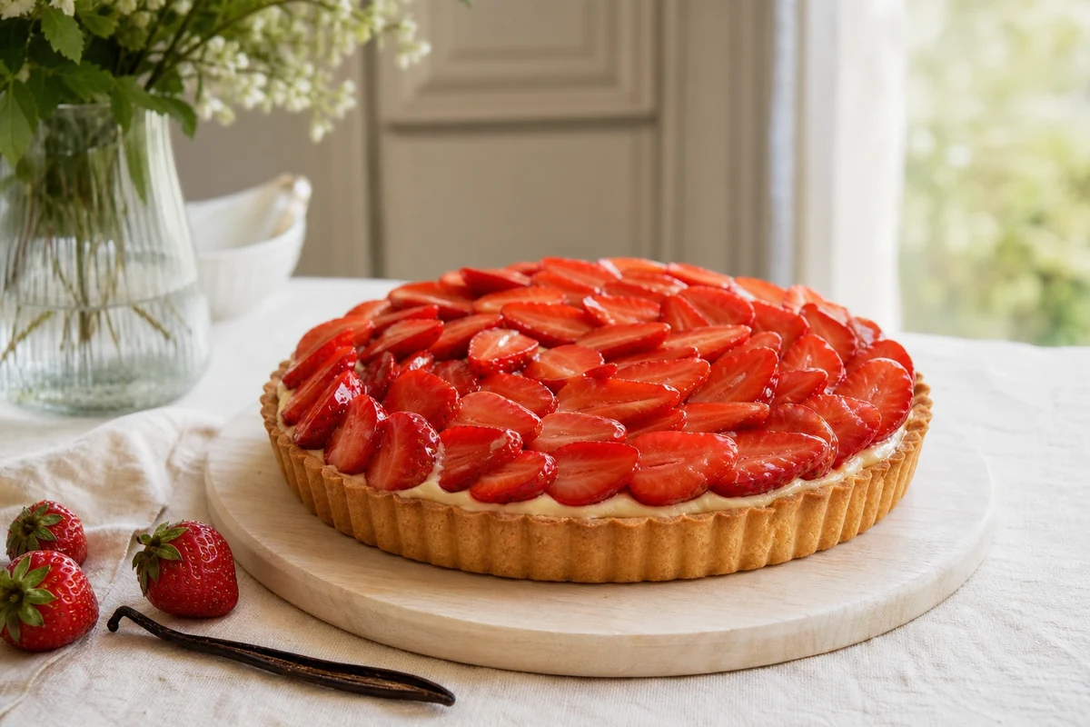 Tarte aux fraises Gariguette sur crème pâtissière vanille avec pâte sablée dorée