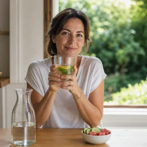 Femme buvant un grand verre d'eau citronnée à côté d'une carafe et de fruits gorgés d'eau