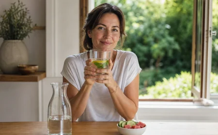 Femme buvant un grand verre d'eau citronnée à côté d'une carafe et de fruits gorgés d'eau