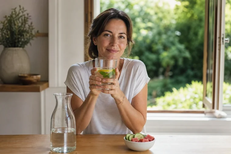 Femme buvant un grand verre d'eau citronnée à côté d'une carafe et de fruits gorgés d'eau