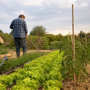 Potager français début juin avec tomates tuteurées, salades et paille au sol
