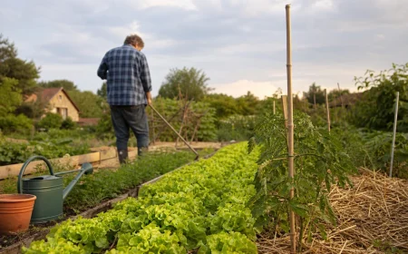 Potager français début juin avec tomates tuteurées, salades et paille au sol