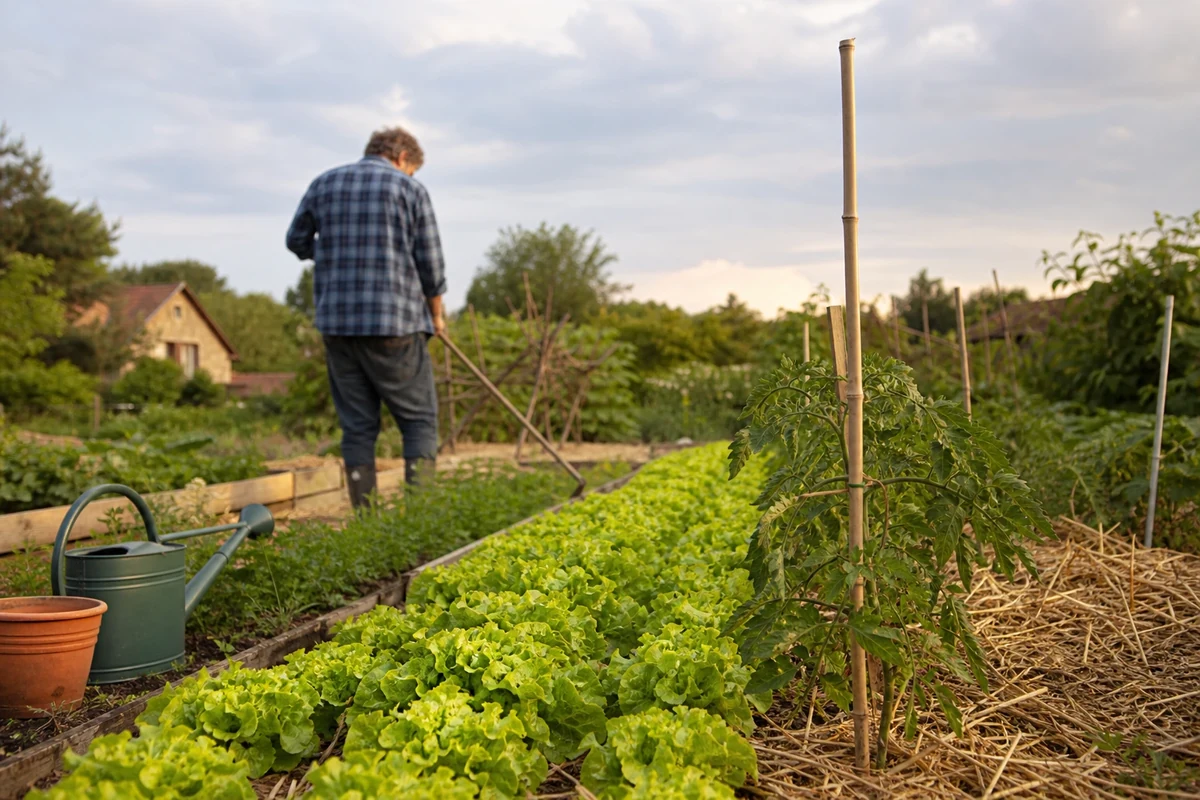 Potager français début juin avec tomates tuteurées, salades et paille au sol