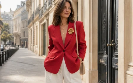 Femme en blazer oversize rouge et pantalon blanc avec broche XXL dans une rue parisienne