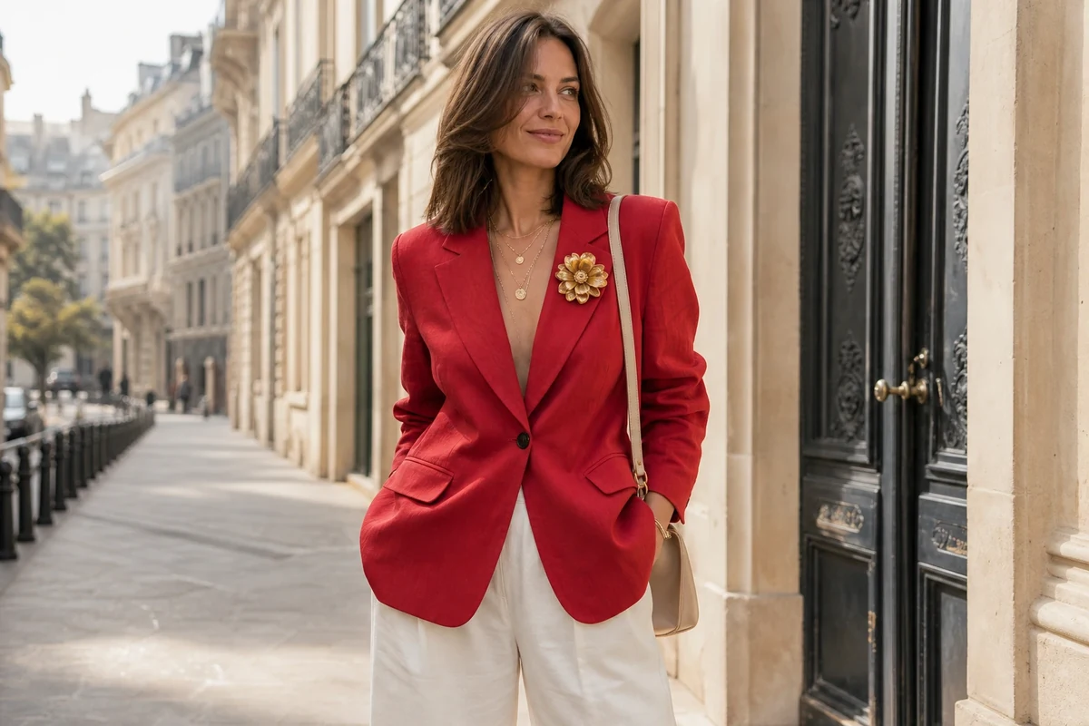 Femme en blazer oversize rouge et pantalon blanc avec broche XXL dans une rue parisienne