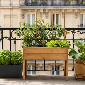 Trois contenants potager comparés sur un balcon français : jardinière, bac surélevé en bois et grow bag kraft