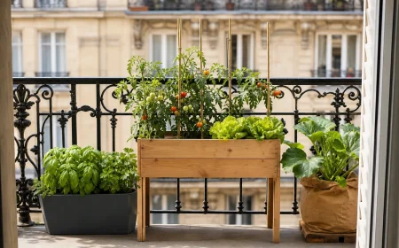 Trois contenants potager comparés sur un balcon français : jardinière, bac surélevé en bois et grow bag kraft
