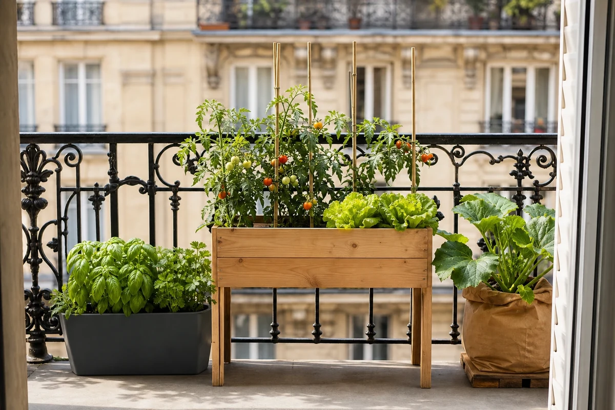 Trois contenants potager comparés sur un balcon français : jardinière, bac surélevé en bois et grow bag kraft