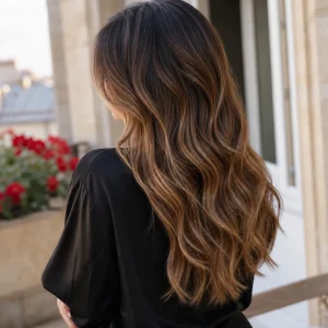 Femme brune de dos avec long balayage caramel et reflets miel dorés captant la lumière estivale