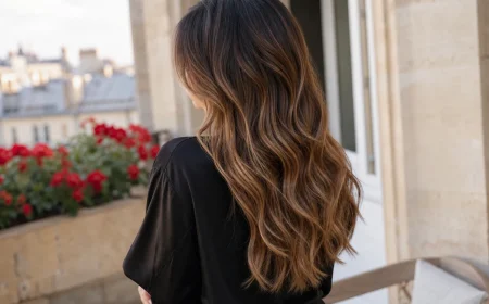 Femme brune de dos avec long balayage caramel et reflets miel dorés captant la lumière estivale