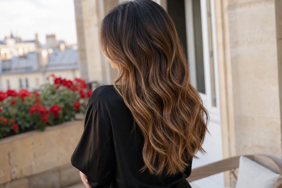 Femme brune de dos avec long balayage caramel et reflets miel dorés captant la lumière estivale