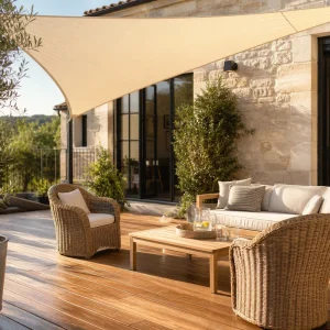 Terrasse française aménagée pour l'été avec voile d'ombrage ivoire, mobilier en bois et olivier en pot