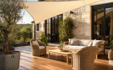 Terrasse française aménagée pour l'été avec voile d'ombrage ivoire, mobilier en bois et olivier en pot