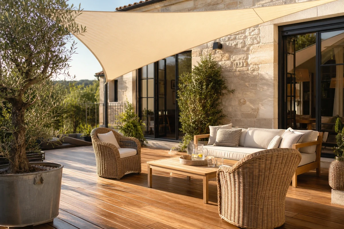 Terrasse française aménagée pour l'été avec voile d'ombrage ivoire, mobilier en bois et olivier en pot