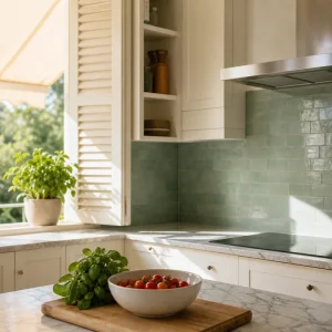 Cuisine claire aménagée pour la chaleur estivale avec volets clos partiellement et crédence vert d'eau