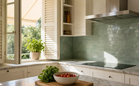 Cuisine claire aménagée pour la chaleur estivale avec volets clos partiellement et crédence vert d'eau