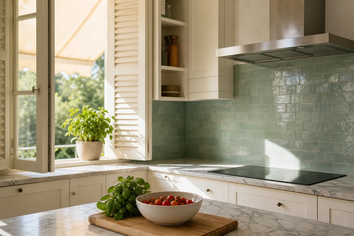 Cuisine claire aménagée pour la chaleur estivale avec volets clos partiellement et crédence vert d'eau
