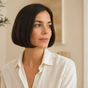 Femme arborant un Japanese Bob à hauteur de mâchoire avec pointes rentrées et brillance naturelle