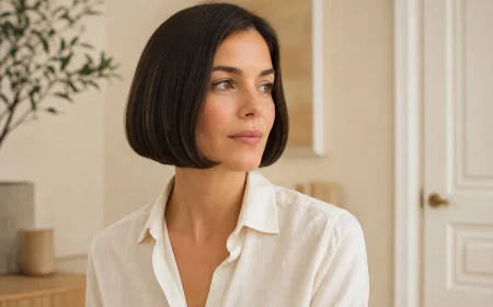 Femme arborant un Japanese Bob à hauteur de mâchoire avec pointes rentrées et brillance naturelle