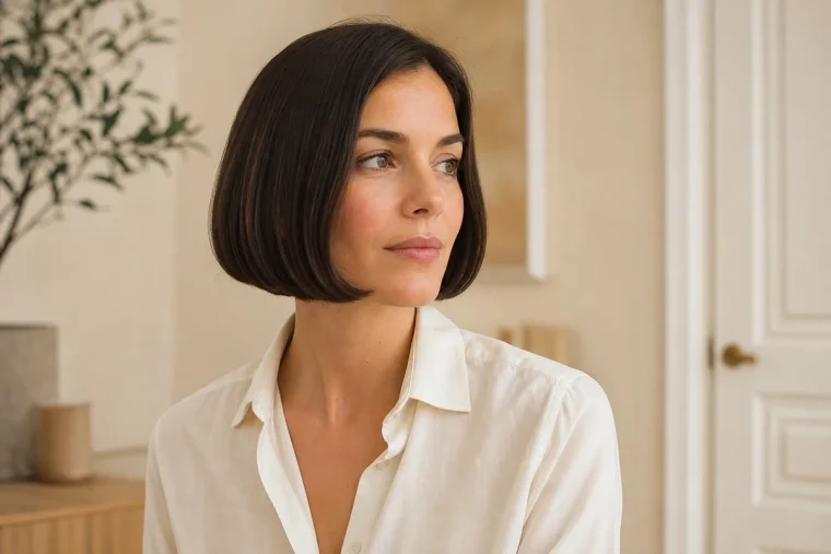 Femme arborant un Japanese Bob à hauteur de mâchoire avec pointes rentrées et brillance naturelle