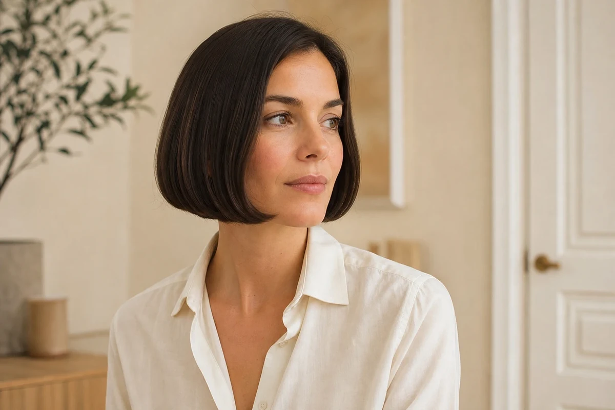 Femme arborant un Japanese Bob à hauteur de mâchoire avec pointes rentrées et brillance naturelle