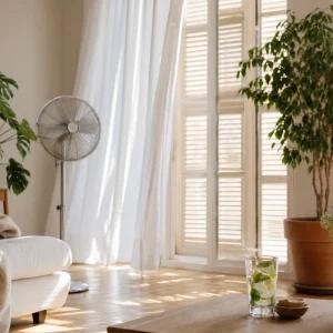 Salon français aux volets mi-clos avec ventilateur, plantes vertes et verre d'eau citronnée pendant un pic de chaleur