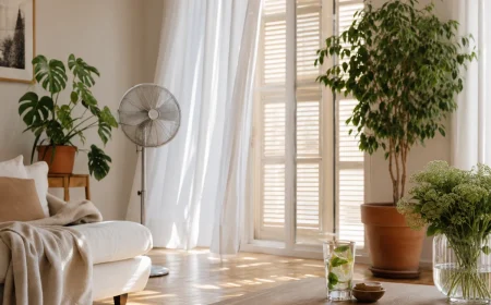Salon français aux volets mi-clos avec ventilateur, plantes vertes et verre d'eau citronnée pendant un pic de chaleur