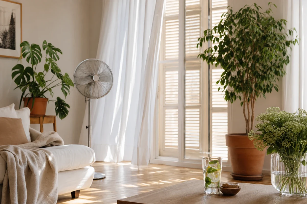 Salon français aux volets mi-clos avec ventilateur, plantes vertes et verre d'eau citronnée pendant un pic de chaleur