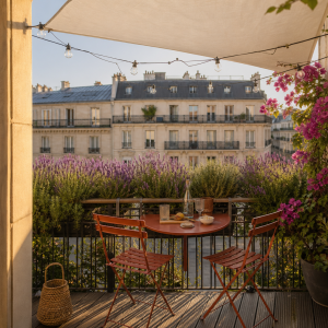Petit balcon parisien aménagé en oasis estivale avec mobilier pliant et plantes méditerranéennes