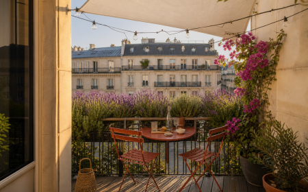 Petit balcon parisien aménagé en oasis estivale avec mobilier pliant et plantes méditerranéennes