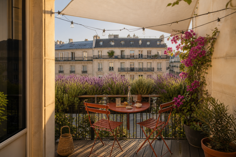 Petit balcon parisien aménagé en oasis estivale avec mobilier pliant et plantes méditerranéennes