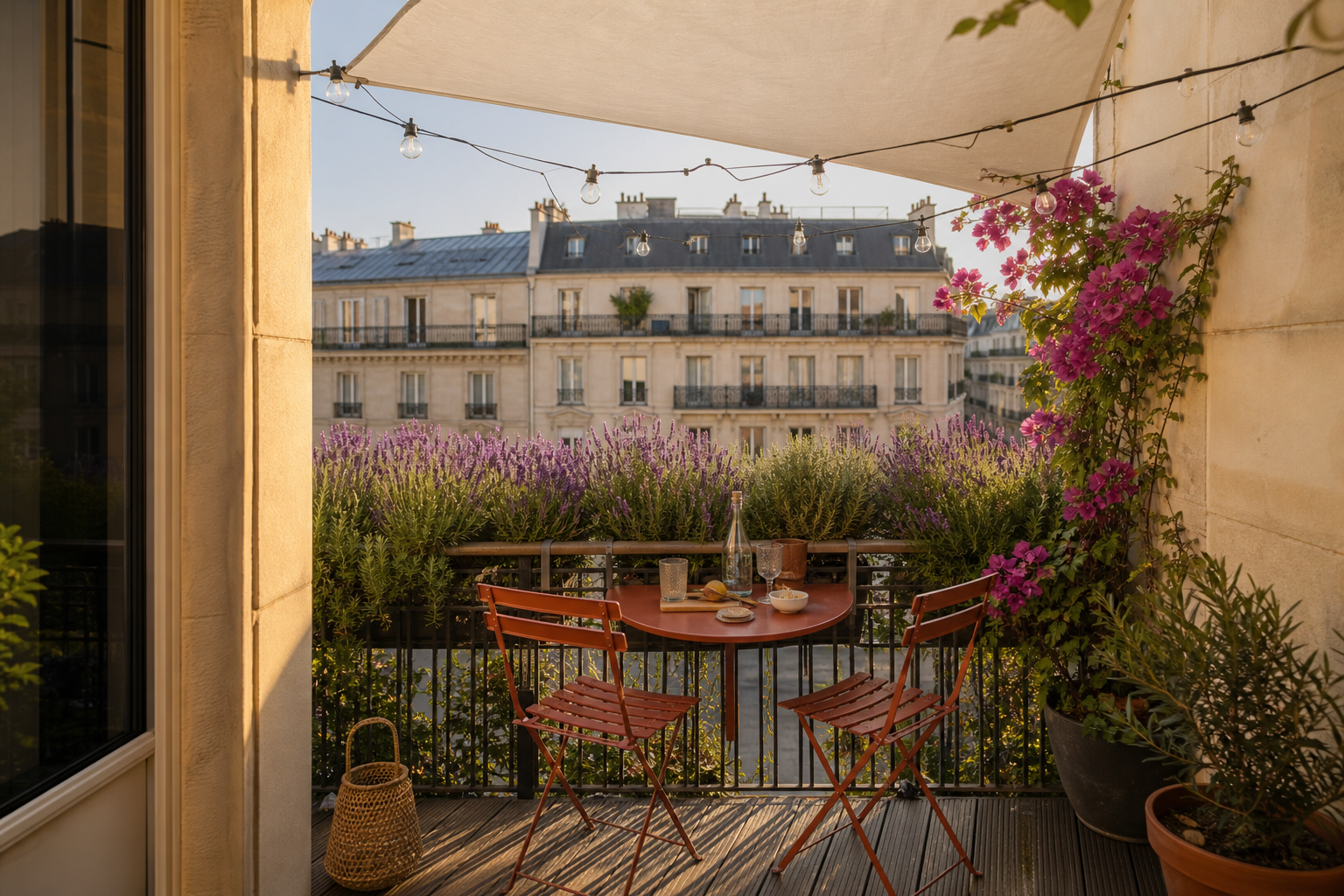 Petit balcon parisien aménagé en oasis estivale avec mobilier pliant et plantes méditerranéennes