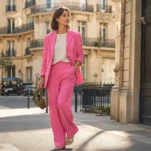 Femme en tailleur rose bonbon avec t-shirt blanc et sac kaki dans une rue parisienne