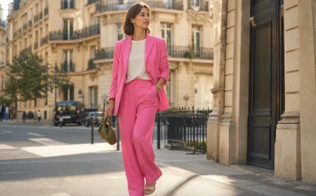 Femme en tailleur rose bonbon avec t-shirt blanc et sac kaki dans une rue parisienne