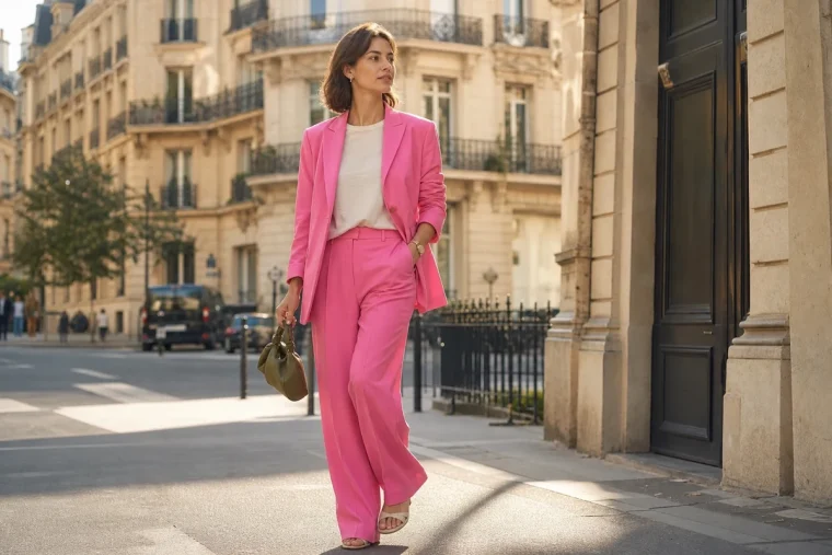 Femme en tailleur rose bonbon avec t-shirt blanc et sac kaki dans une rue parisienne