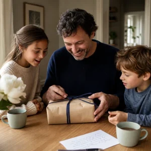 Père souriant ouvrant un cadeau de Fête des Pères entouré de ses deux enfants à la table familiale
