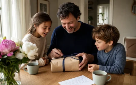 Père souriant ouvrant un cadeau de Fête des Pères entouré de ses deux enfants à la table familiale