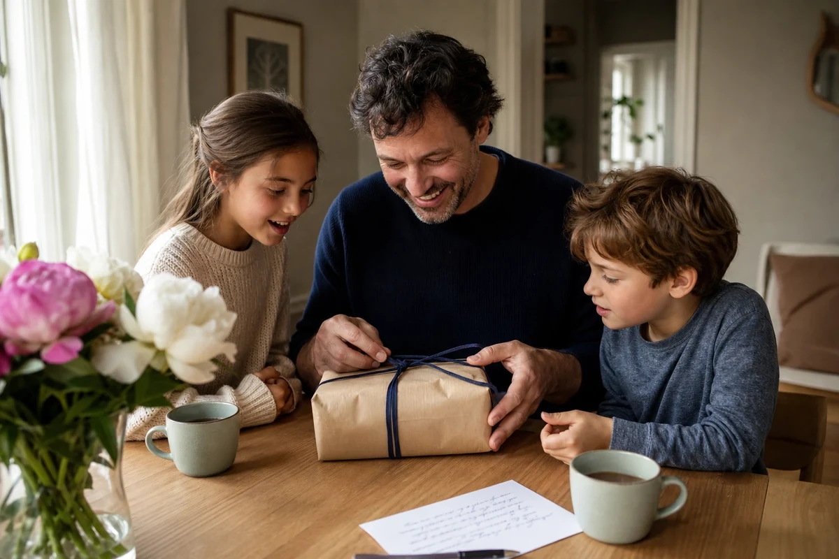 Père souriant ouvrant un cadeau de Fête des Pères entouré de ses deux enfants à la table familiale