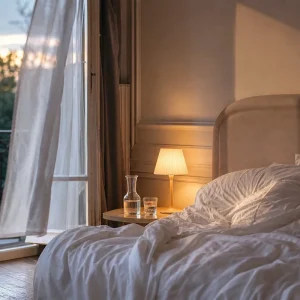 Chambre fraîche le soir avec fenêtre entrouverte et lit en lin pour bien dormir malgré la chaleur