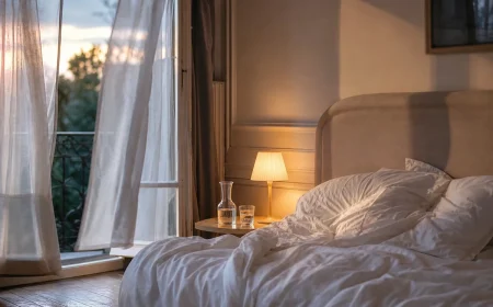 Chambre fraîche le soir avec fenêtre entrouverte et lit en lin pour bien dormir malgré la chaleur