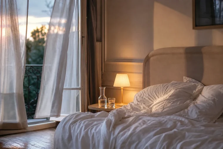 Chambre fraîche le soir avec fenêtre entrouverte et lit en lin pour bien dormir malgré la chaleur
